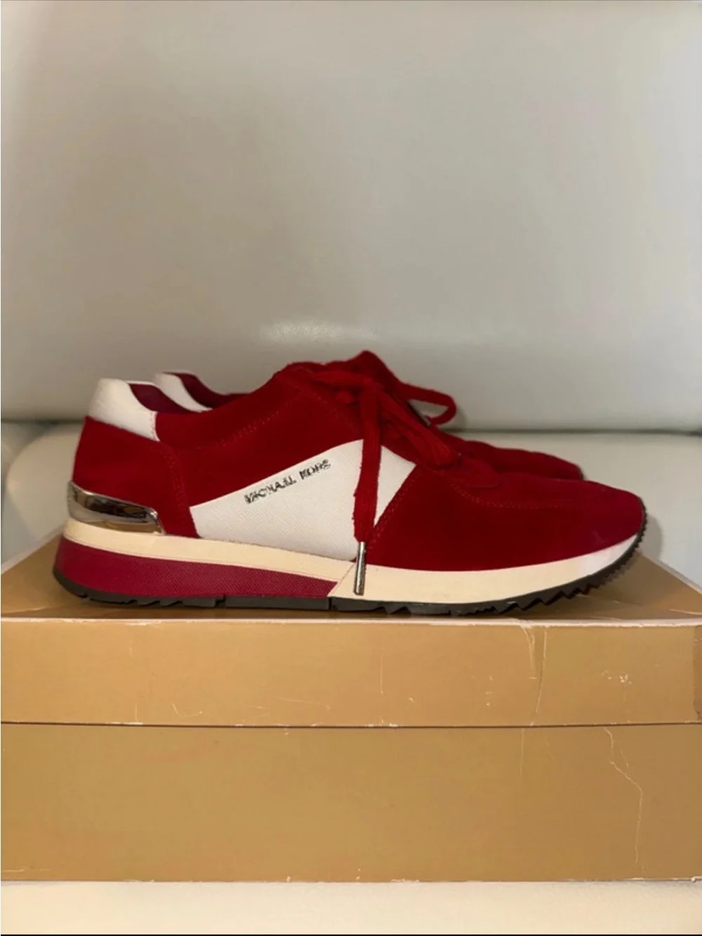MICHAEL KORS RED & WHITE SUEDE LACE-UP SNEAKER